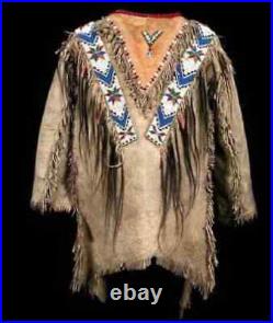American Native Western Cowboy Suede Leather Jacket Fringe & Beads War Shirt