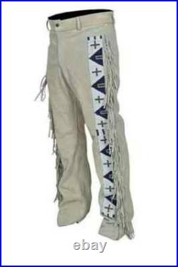 Men Native American Western Mountain Style Suede Leather Fringe Shirt & Trouser