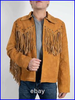 Men Western American Traditional Cowboy Real Brown Suede Leather Jacket-Fringes