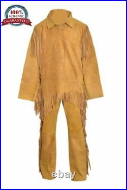 Men's Native American Tan Cowboy Buckskin Ragged Shirt Pant Mountain Man Suit
