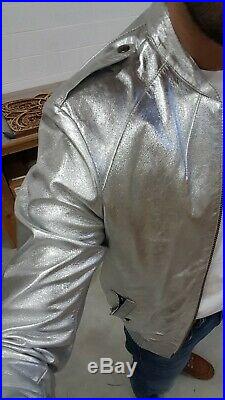 Men's Silver Metallic 100% Leather Mint All Saints Bomber Jacket Medium Slim Fit