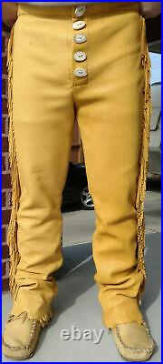 Mens Buckskin Leather Pant with Fringes Cowboy Antler Mountain Man