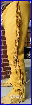 Mens Buckskin Leather Pant with Fringes Cowboy Antler Mountain Man