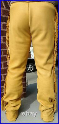 Mens Buckskin Leather Pant with Fringes Cowboy Antler Mountain Man