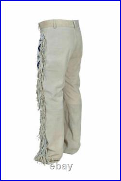 Mens Native American Buckskin Suede Leather Pants Fringes Mountain Man Indian