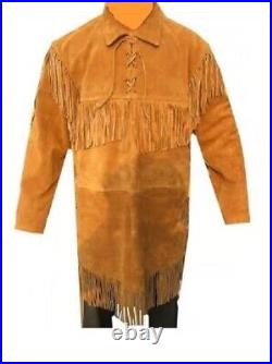 Mens Western Brown Buckskin Suede Leather Fringe Mountain Man Shirt MMS172