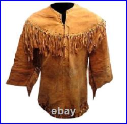 Mens Western Brown Buckskin Suede Leather Fringe Mountain Man Shirt WS56