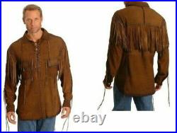 Mens Western Brown Buckskin Suede Leather Mountain Man Fringes Shirt MS-108