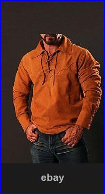 Mens Western COGNAC Brown Light Suede Leather Mountain Man Pullover Shirt