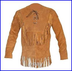 Mens Western Cognac Brown Buckskin Suede Leather Mountain Man Fringe Shirt MMS06