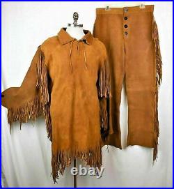 Mens Western Cowboy Brown Suede Leather Mountain Man Fringes Shirt & Pant
