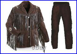 Mens Western Cowboy Chocolate Brown Suede Leather Fringes Jacket + Pants WS54