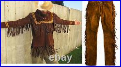 Mens Western Cowboy Chocolate Brown Suede Leather Fringes Shirt + Pants WS55