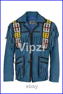 Mens Western Cowboy Fringe Coat Jacket Long Beaded Braid Brown Suede Leather VP9