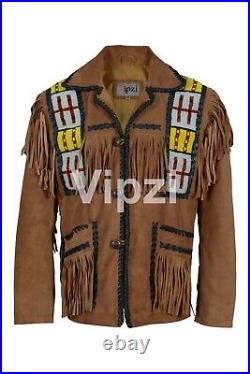 Mens Western Cowboy Fringe Coat Jacket Long Beaded Brown Suede Leather