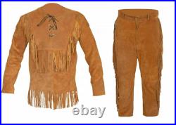 Mens Western Cowboy Tan Brown Suede Leather Fringes Beaded Shirt + Pants WS59
