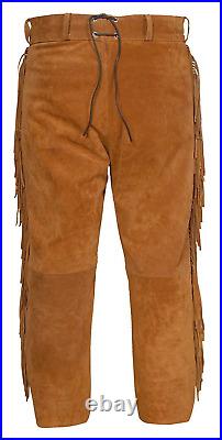 Mens Western Cowboy Tan Brown Suede Leather Fringes Beaded Shirt + Pants WS59