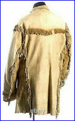 Native American Mountain Men's Buckskin Leather War Shirt with fringes