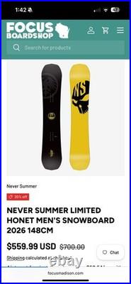 Never Summer Limited Honet Men's All-Mountain Snowboard 2026 152cm 2x4