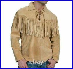 New Western Suede Leather Mountain Men Cowboy Shirt With Fringes