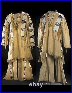 Old Style Beige Buckskin Suede Hide Beaded Fringe Powwow War Shirt & Pant NSP241