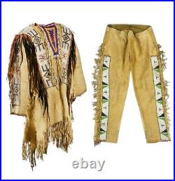 Old Style Beige Buckskin Suede Hide Beaded Fringe Powwow War Shirt & Pant NSP830