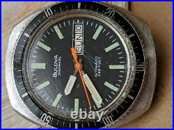 Vintage 1973 Bulova Snorkel Day-Date Diver withMint Dial, Patina, All SS Case, Runs