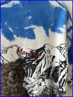 Vintage 90s Nature Montana Artsy Allover Print Bear Mountains T-Shirt L Grunge